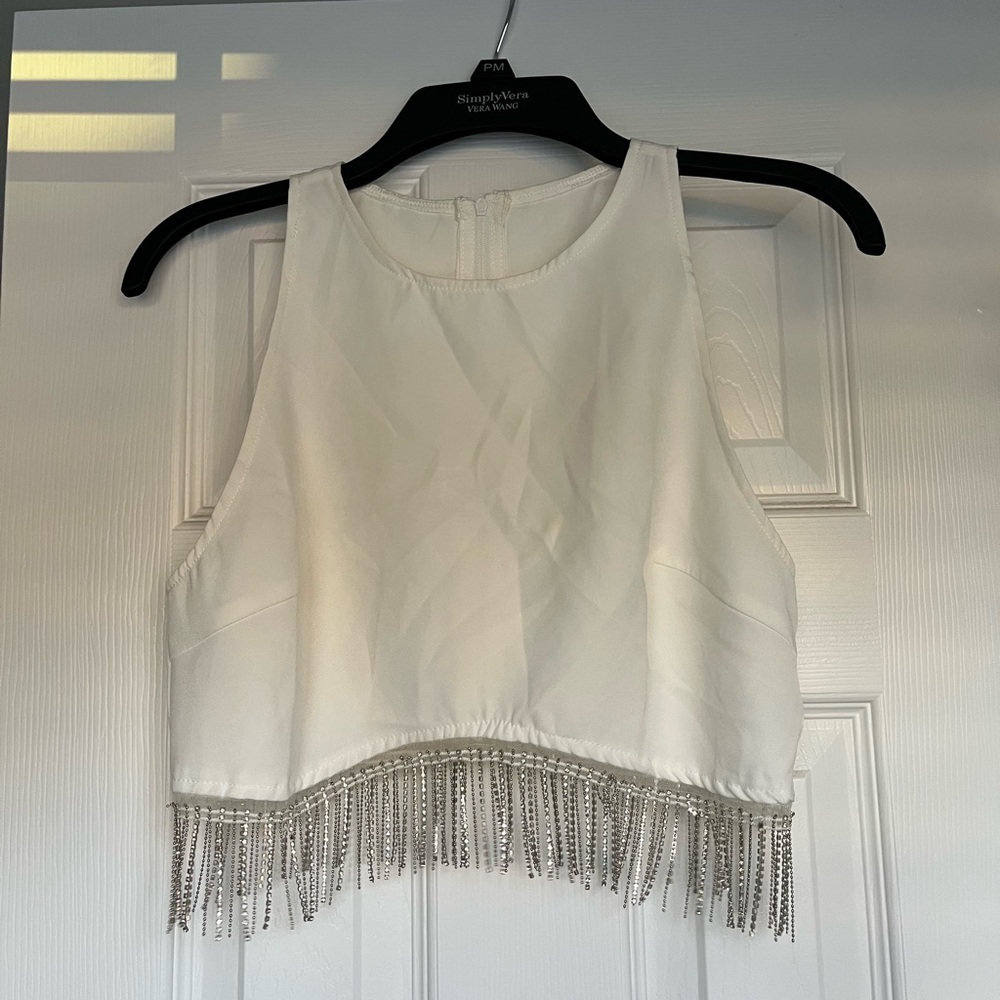 Amazon White Crop Top with Silver Fringe
